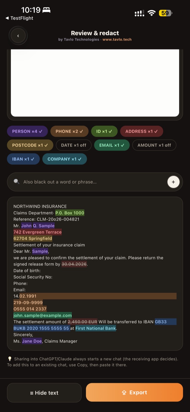 Detected data grouped into category chips - person, phone, email, IBAN - above the recognised text