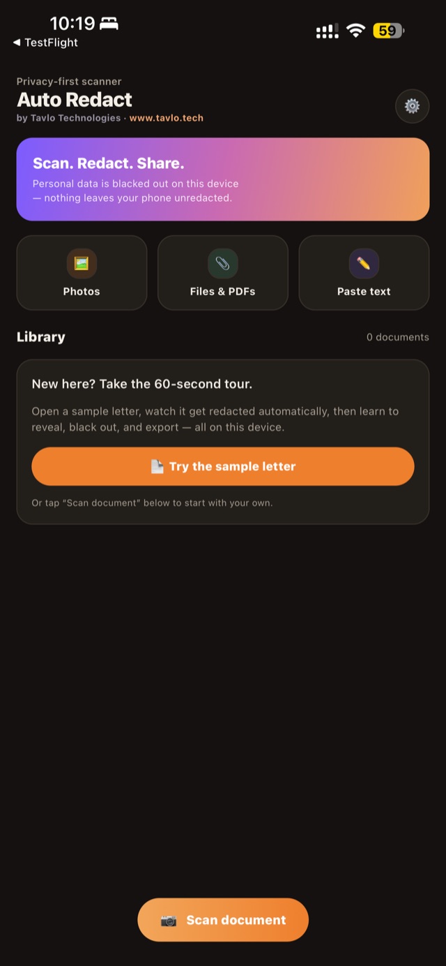 Auto Redact home screen with options to import from Photos, Files and PDFs, or paste text