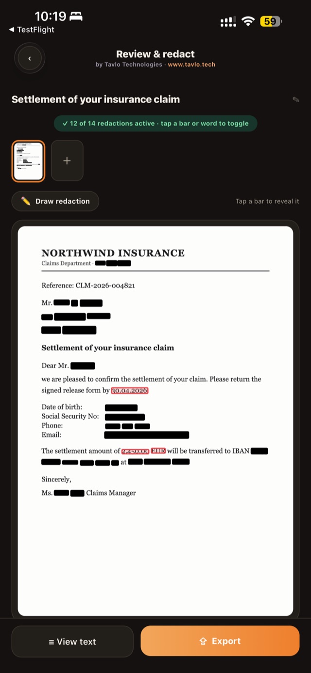 A scanned insurance letter with personal details covered by black redaction bars