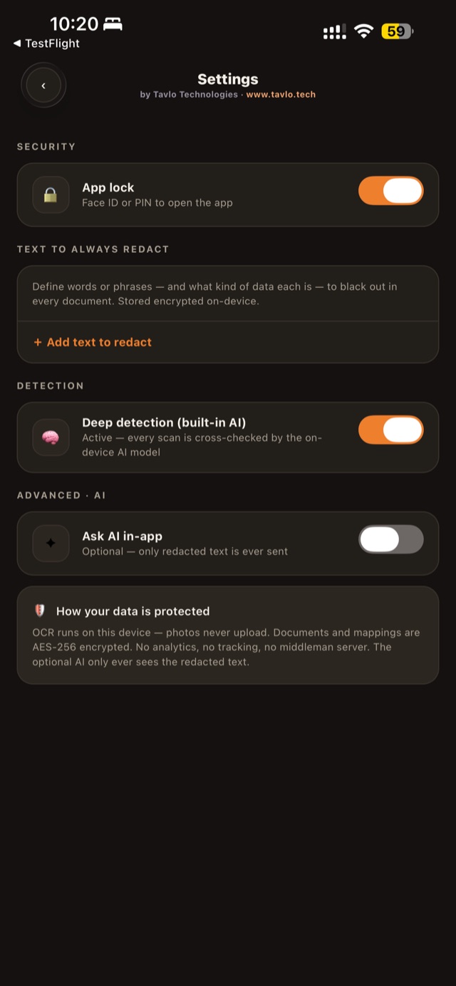 Settings showing app lock, always-redact rules, built-in AI deep detection and how data is protected
