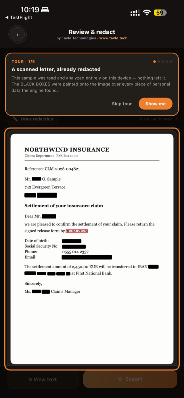A guided in-app tour explaining that black boxes were painted onto the document entirely on-device